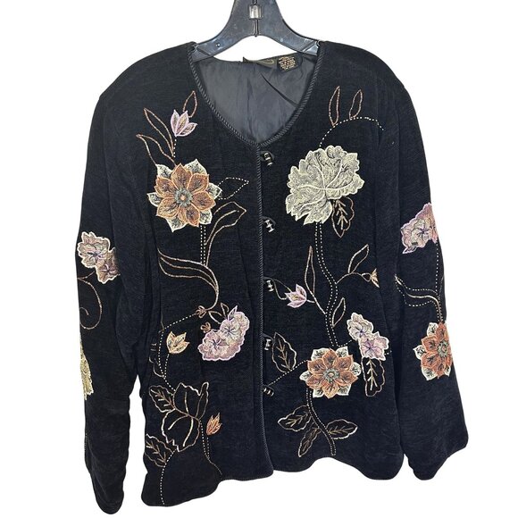 Vtg Womens Julia Kim Jacket Black Floral Embroidered Long Sleeve Rayon Blend XL - Picture 1 of 8